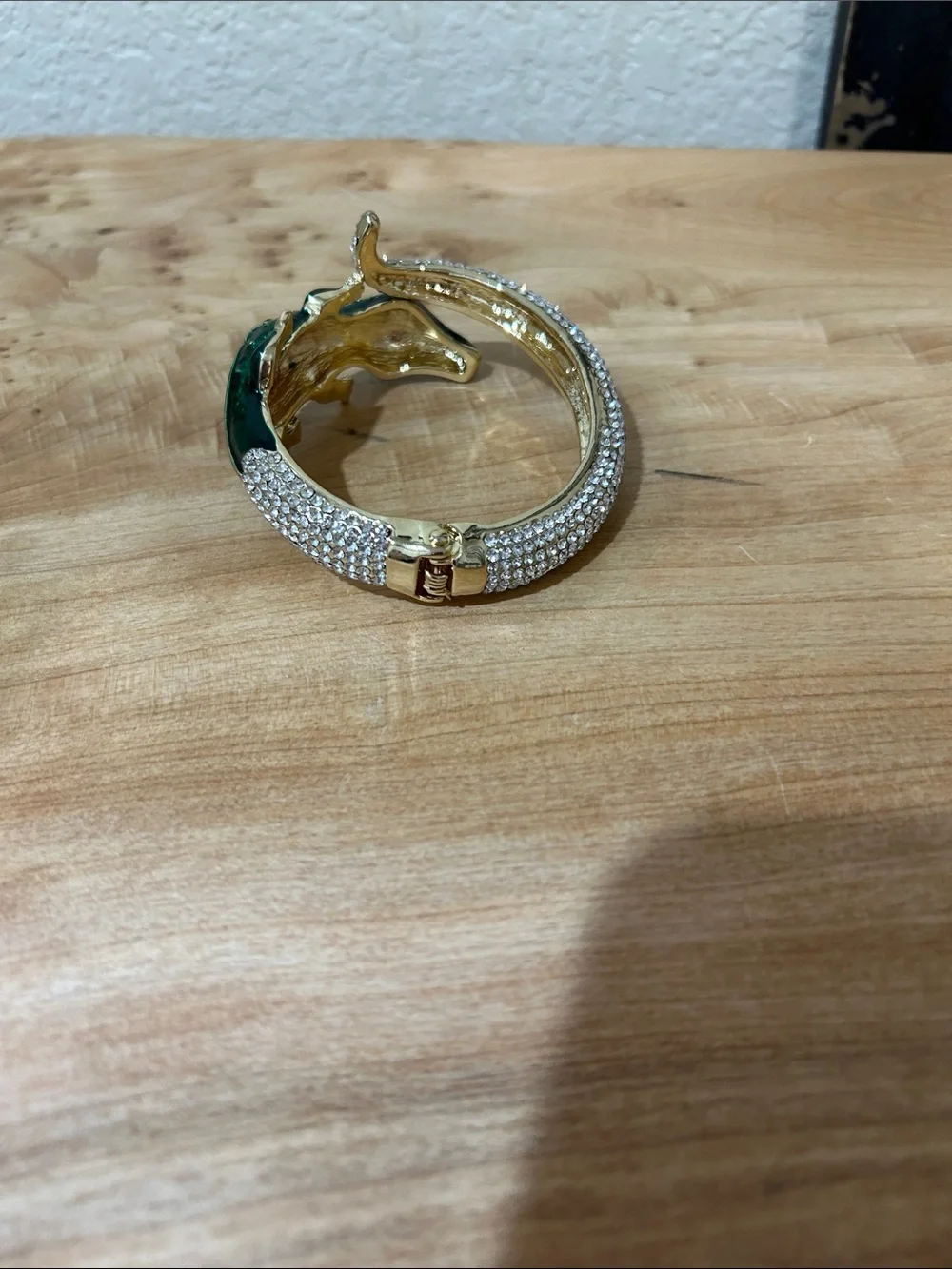 Gold-Tone Green Crystal Alligator Hinged Bangle Bracelet